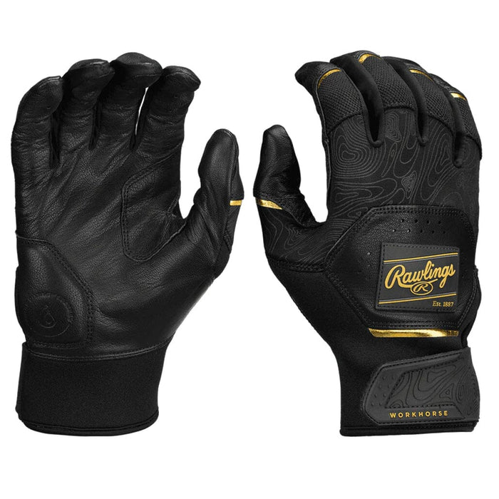 2025 Rawlings Workhorse® Adult Baseball Batting Gloves: WH25BG Black-Gold Equipment Rawlings