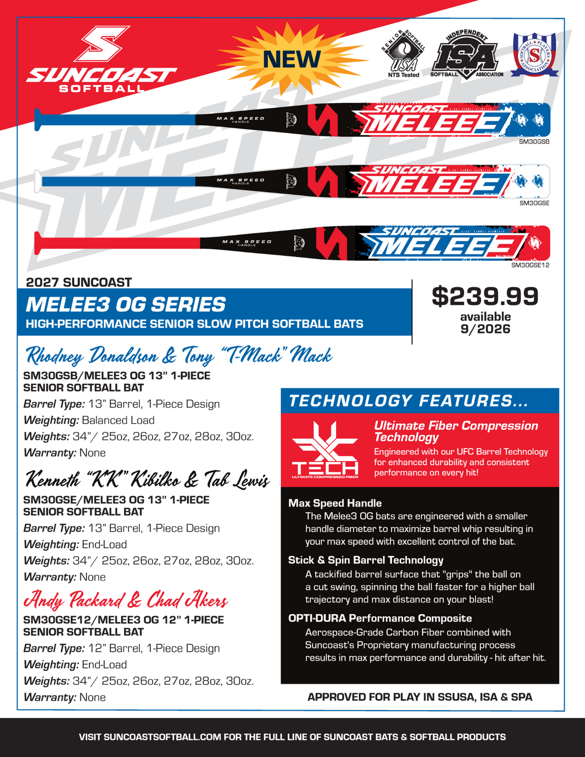 2027 Suncoast Melee 3 OG End-Loaded 1-Piece 12" Barrel Senior Softball Bat: SM30GSE12 Bats Suncoast 