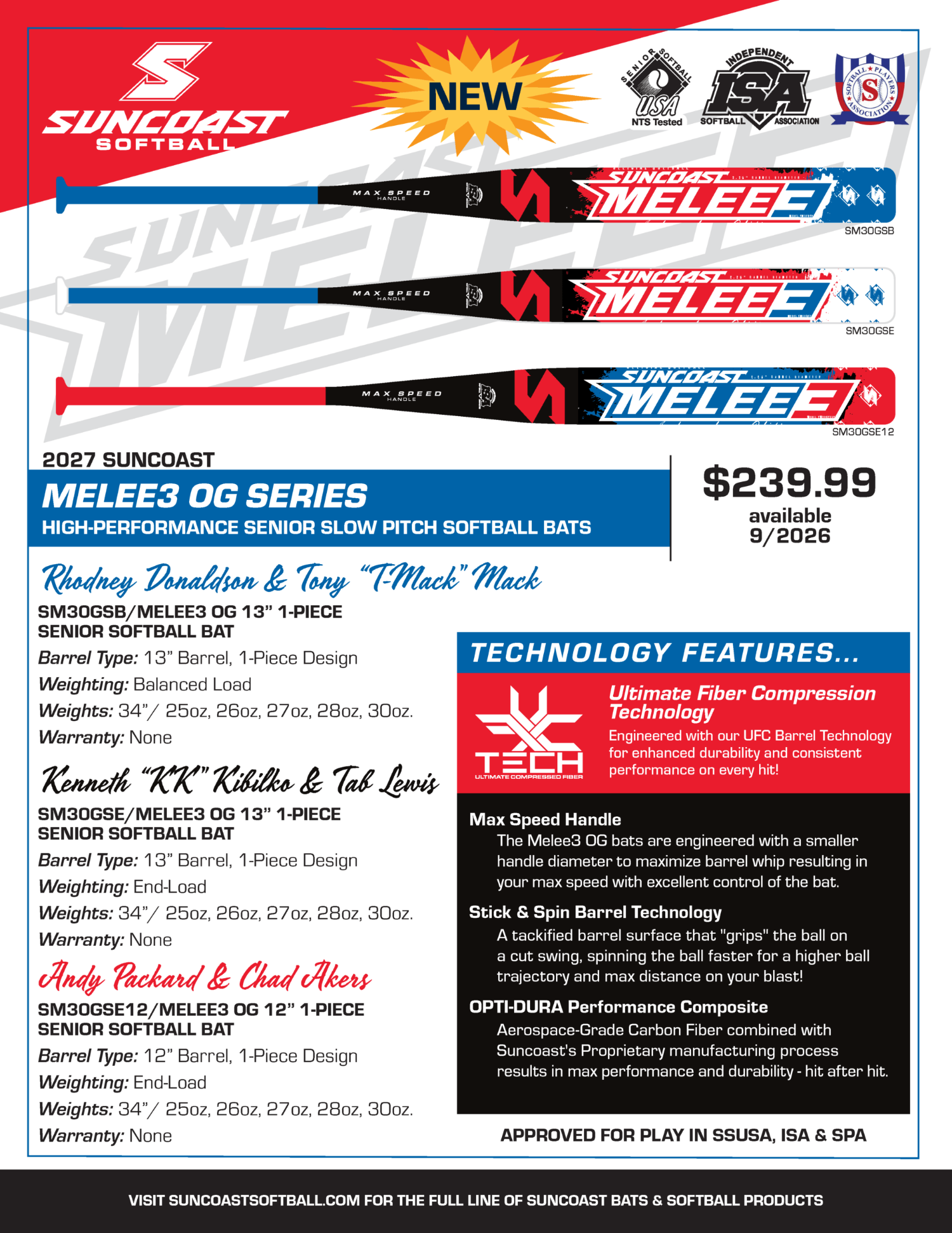 2027 Suncoast Melee 3 OG Balanced 1-Piece 13" Barrel Senior Softball Bat: SM30GSB Bats Suncoast 