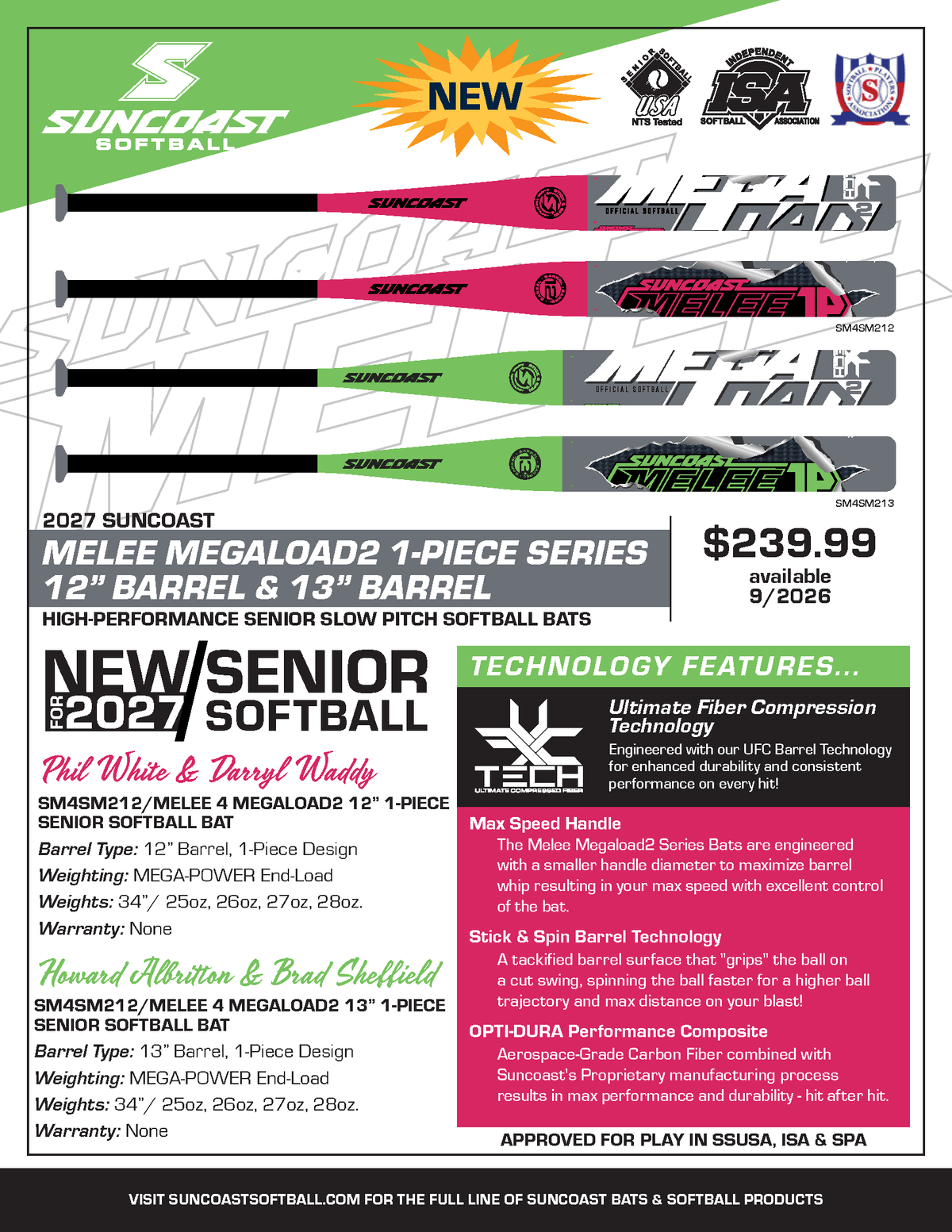 2027 Suncoast Melee 4 Megaload2 1-Piece 12" Barrel Senior Softball Bat: SM4SM212