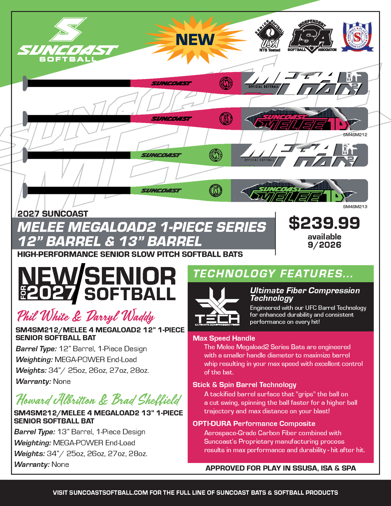 2027 Suncoast Melee 4 Megaload2 1-Piece 12" Barrel Senior Softball Bat: SM4SM212 Bats Suncoast 