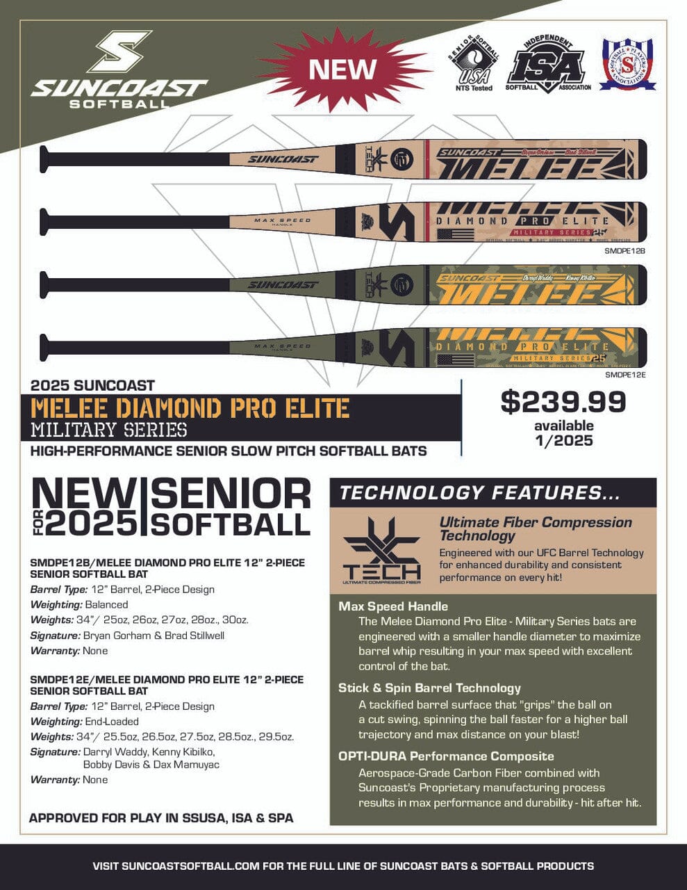 2025 Suncoast Melee Diamond Pro Elite Military Series End-Loaded Senior Slowpitch Bat: SMDPE12E Bats Suncoast 