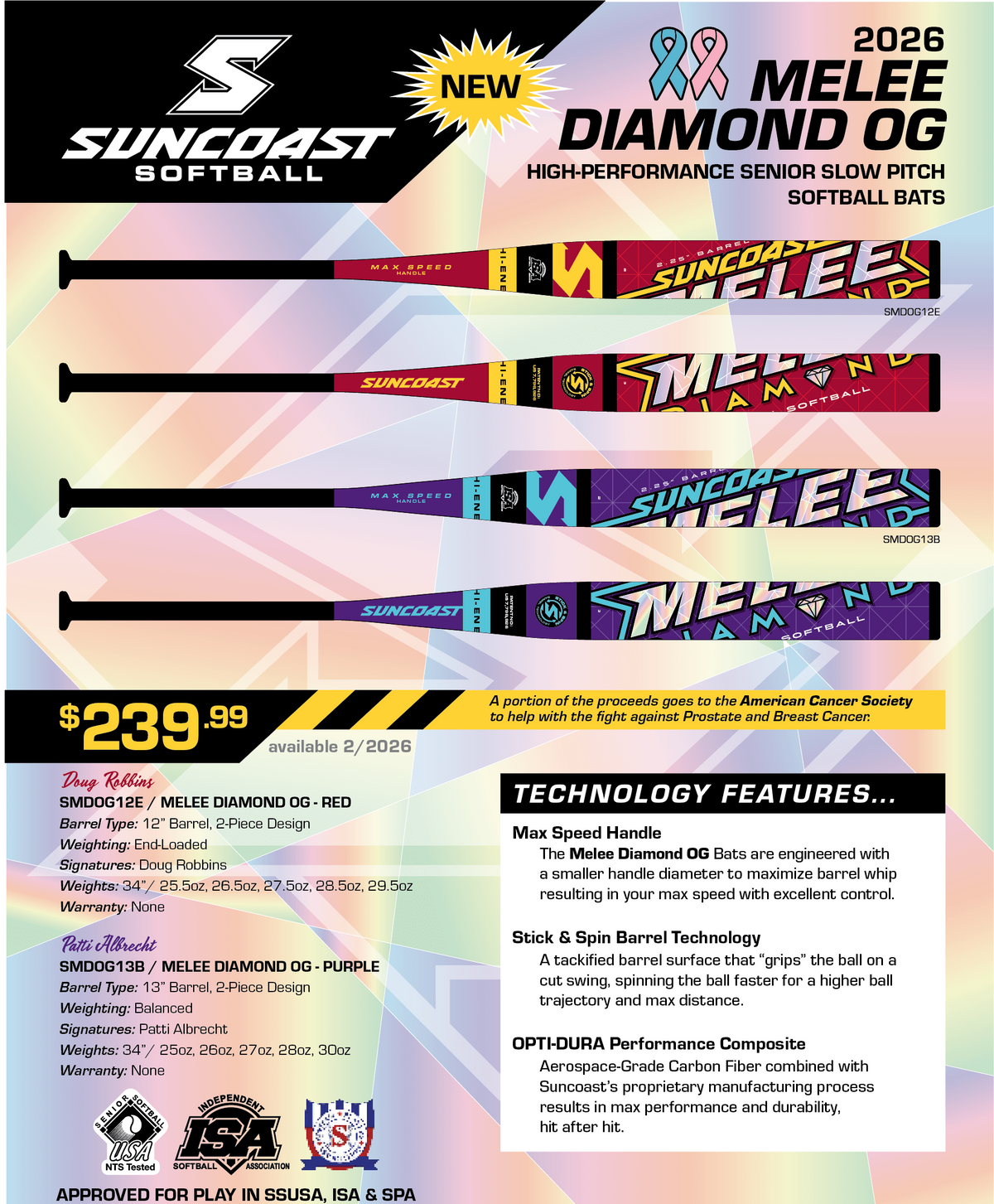 2026 Suncoast Diamond OG 13" Balanced 2 Piece Senior Slowpitch Bat: SMDOG13B Bats Suncoast 