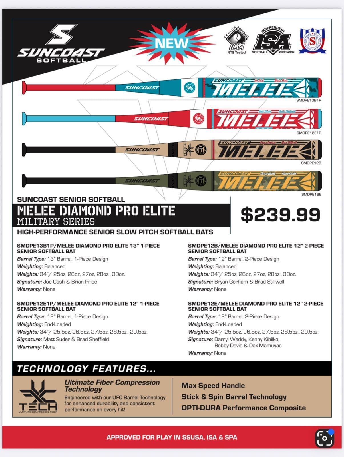 2026 Suncoast Melee Diamond Pro Elite Military Series Balanced 1-Piece Senior Slowpitch Bat: SMDPE13B1P Bats Suncoast 