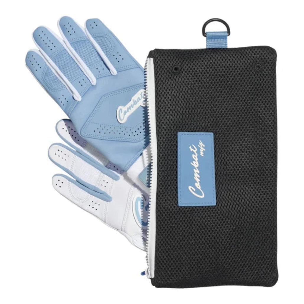 COMBAT MFG Ying Yang Long Strap Adult Batting Gloves BG2LS: White/Columbia Blue Equipment Combat 