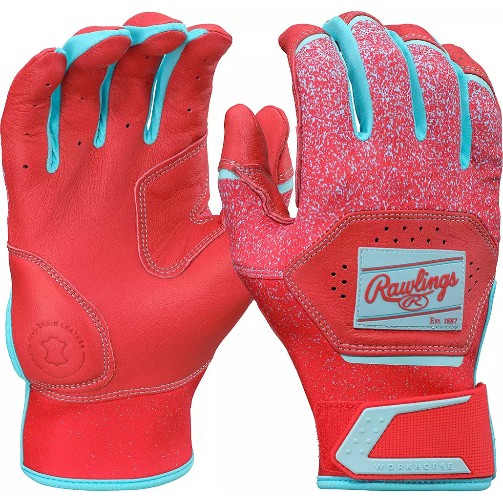 Rawlings Workhorse® Adult and Youth Baseball Batting Gloves: WH25BG Red/Columbia Equipment Rawlings Youth Large Red/Columbia 