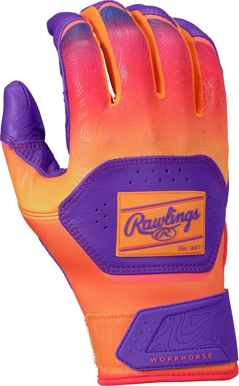 2025 Rawlings Workhorse® Funburst Adult Baseball Batting Gloves: WH25BG Purple-Orange Equipment Rawlings 