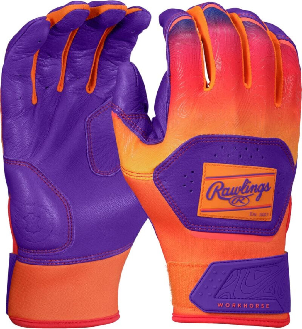 2025 Rawlings Workhorse® Funburst Adult Baseball Batting Gloves: WH25BG Purple-Orange Equipment Rawlings 