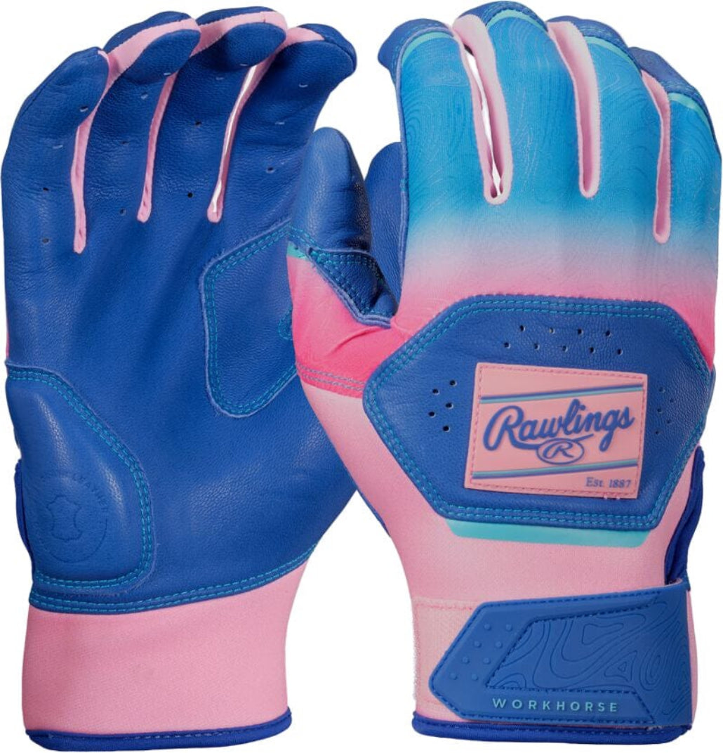 2025 Rawlings Workhorse® Funburst Adult Baseball Batting Gloves: WH25BG Columbia Blue-Orange Equipment Rawlings 