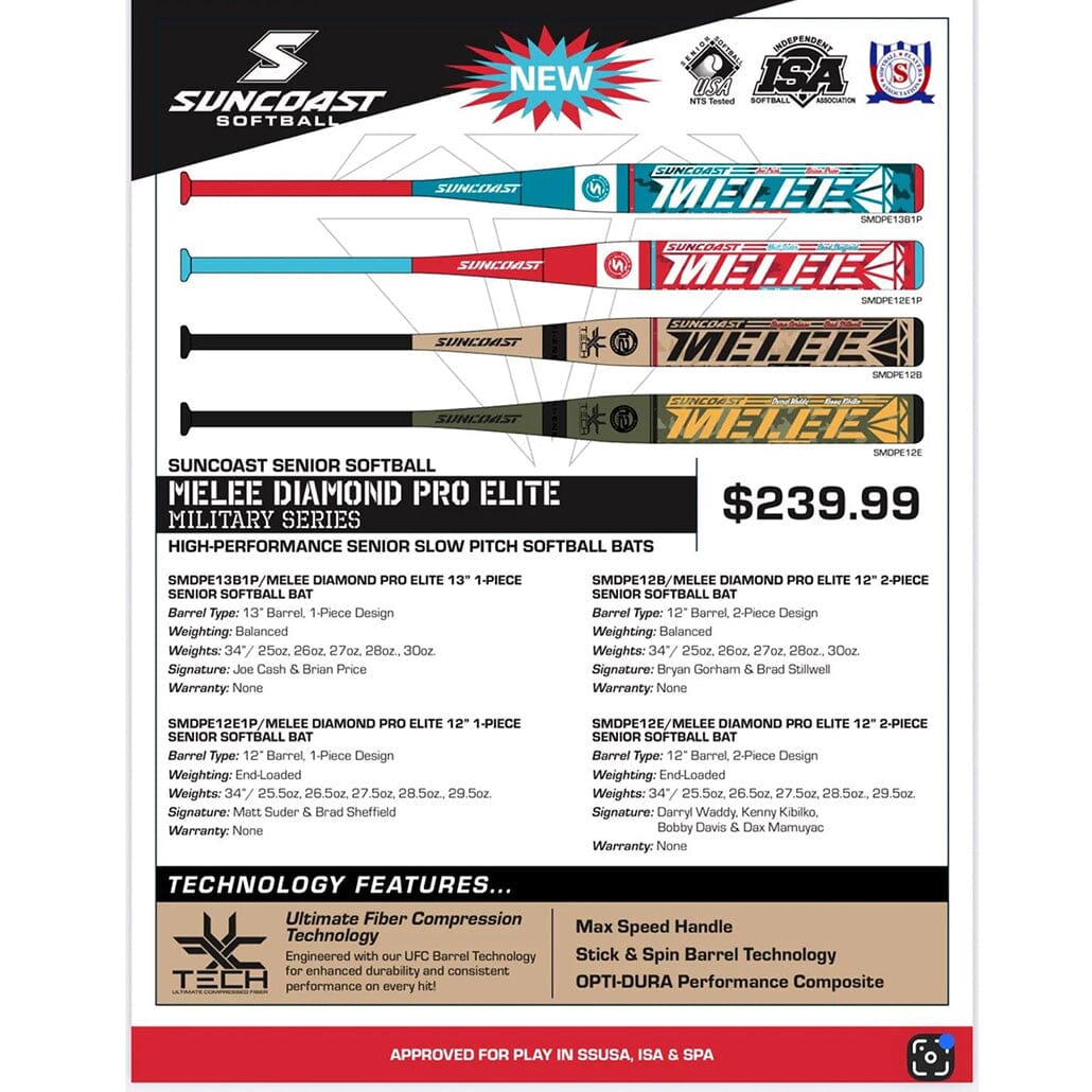 2026 Suncoast Melee Diamond Pro Elite Military Series End-Loaded 1-Piece Senior Slowpitch Bat: SMDPE12E1P Bats Suncoast 