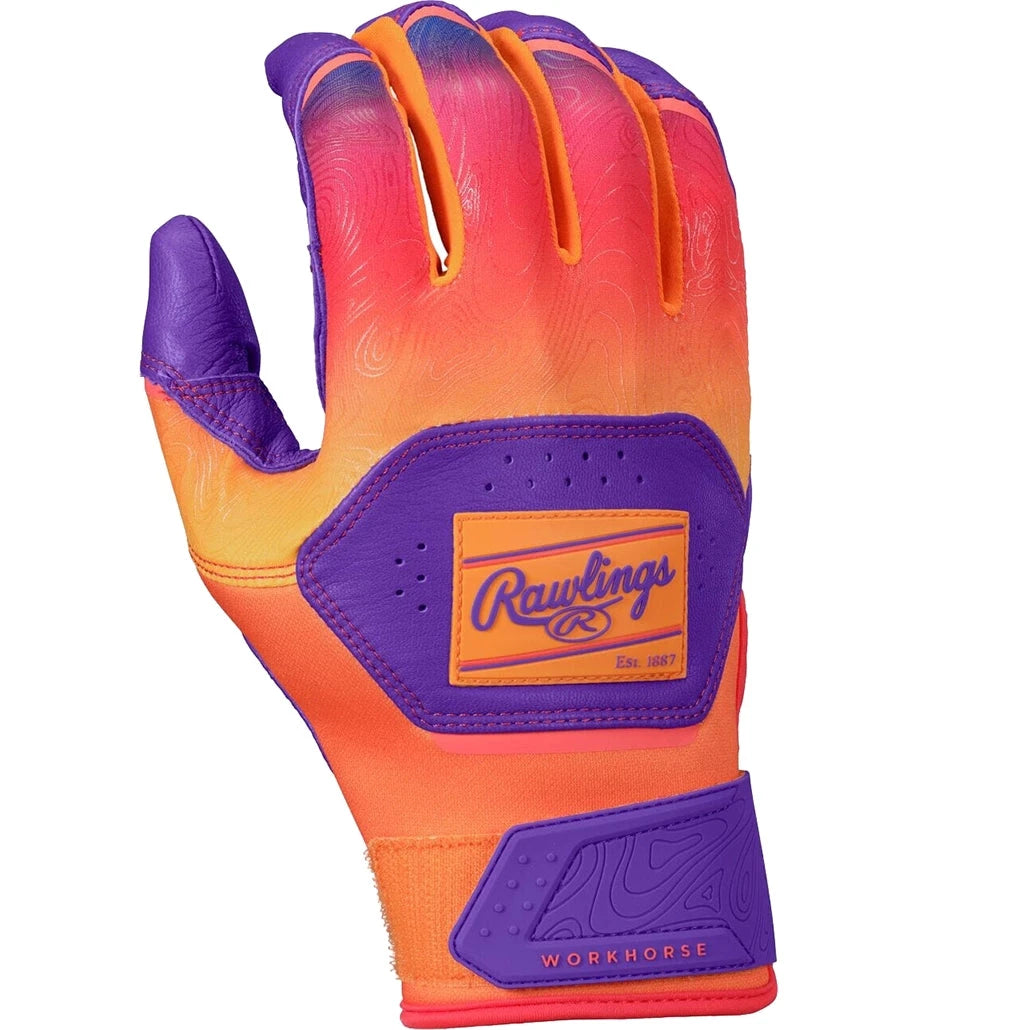 2025 Rawlings Workhorse® Funburst Adult Baseball Batting Gloves: WH25BG Purple-Orange Equipment Rawlings 