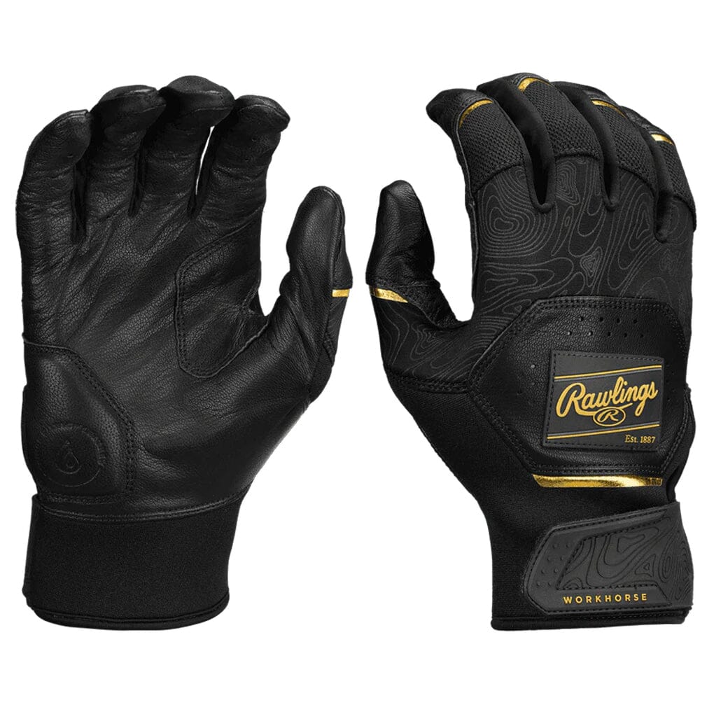 2025 Rawlings Workhorse® Adult Baseball Batting Gloves: WH25BG Black-Gold Equipment Rawlings 