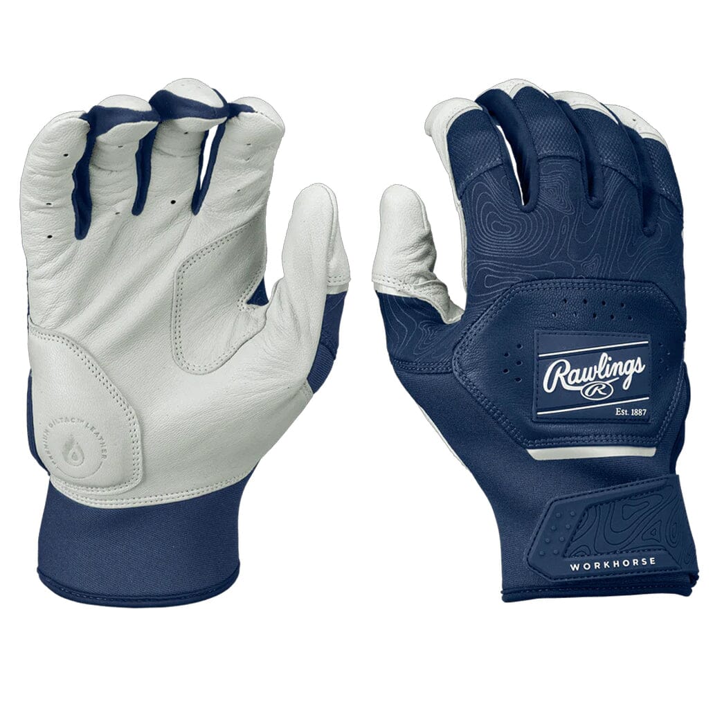 2025 Rawlings Workhorse® Adult Baseball Batting Gloves: WH25BG White-Navy Equipment Rawlings 