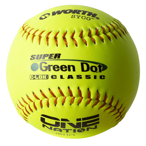 Worth Super Green Dot 11” Syco “One Nation” Slowpitch Softball (Dozen): ON11CY Balls Worth 